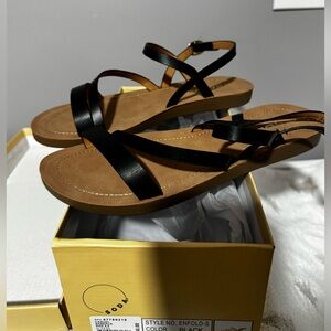 Soda Black and Tan Strappy Sandals